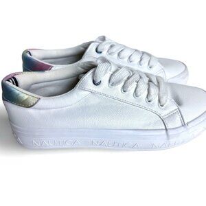 Nautica Women’s White Faux Leather Sneakers Size 4 – Iridescent Heel